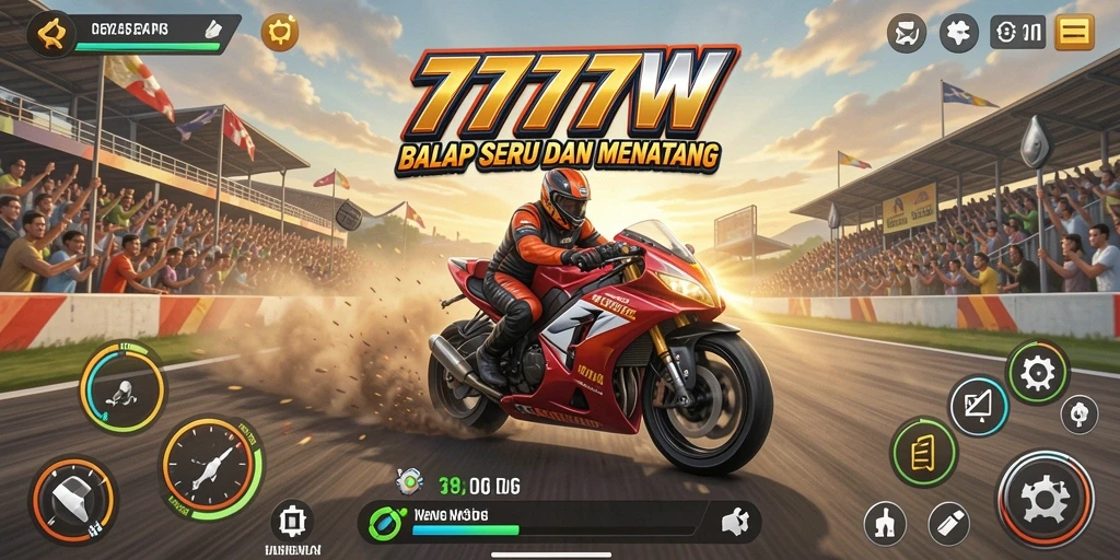 Screenshot utama 7777W menampilkan aksi balap yang mendebarkan.