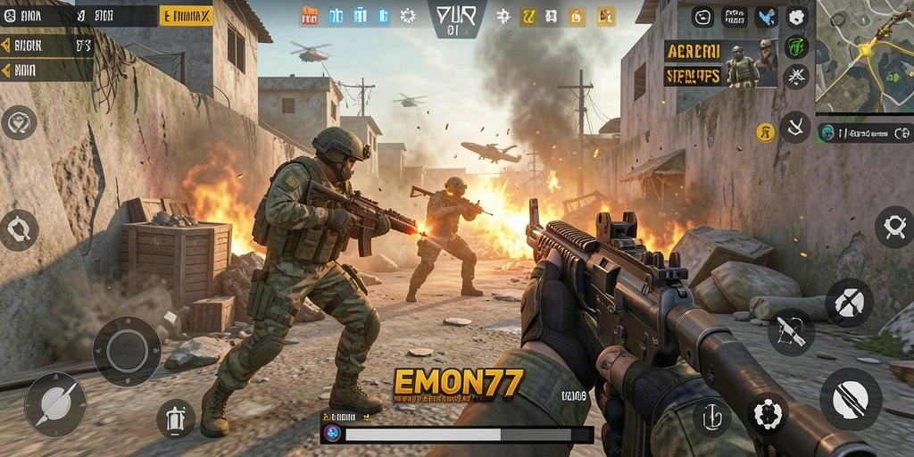 Gameplay seru EMON77 dengan pertempuran FPS yang intens.