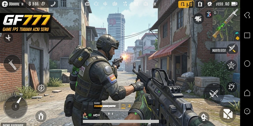 Tampilan gameplay GF777 dengan intensitas pertempuran FPS yang mendebarkan.