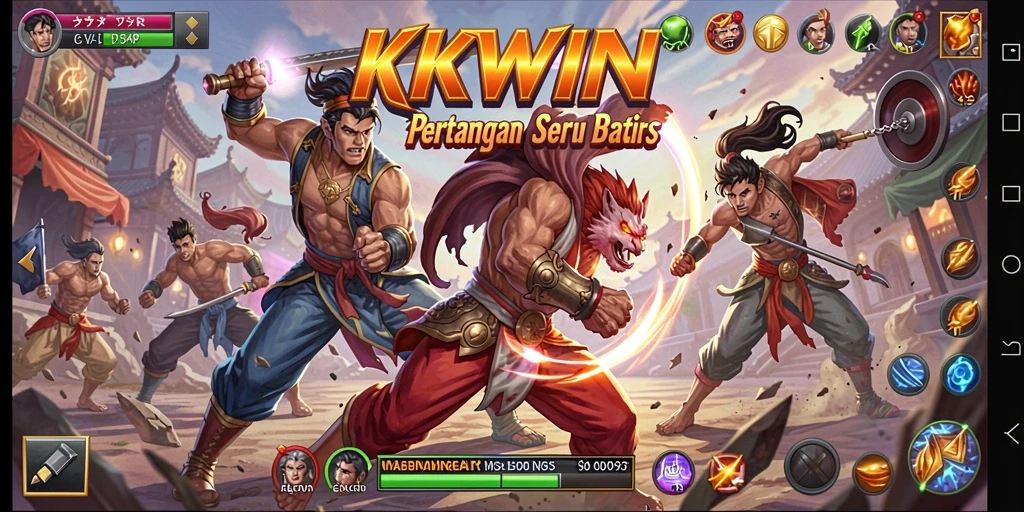 Screenshot utama KKWIN menampilkan aksi pertarungan yang intens dan karakter yang kaya akan detail.