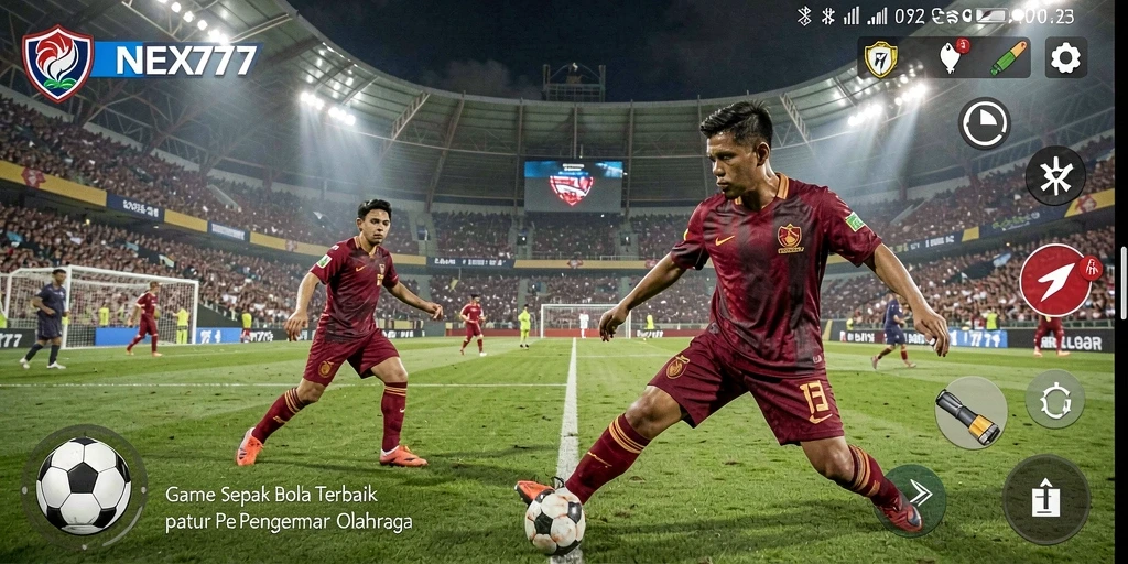 Screenshot gameplay NEX777 menampilkan aksi seru pertandingan sepak bola.