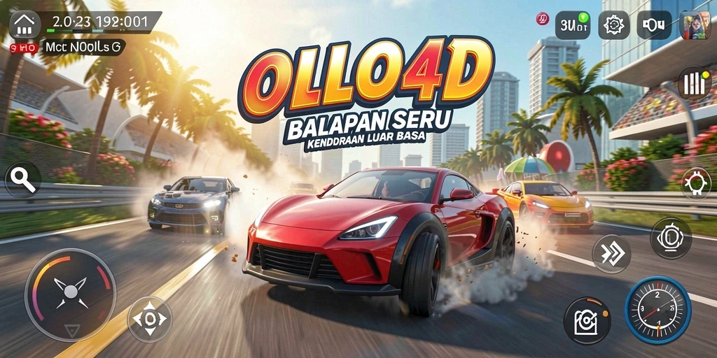 Screenshot gameplay OLLO4D menunjukkan balapan seru dengan kendaraan cepat.