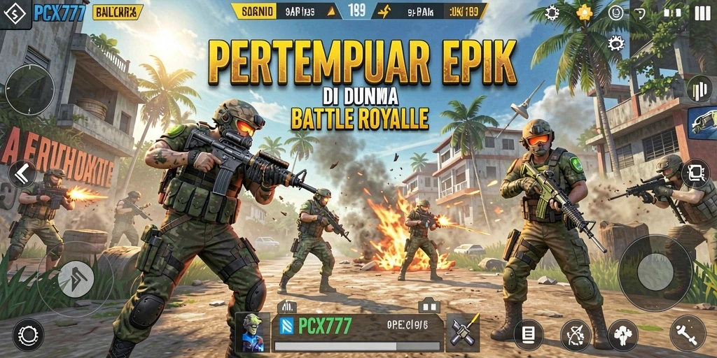 Tangkapan layar gameplay PCX777 yang menegangkan dalam pertempuran Battle Royale.