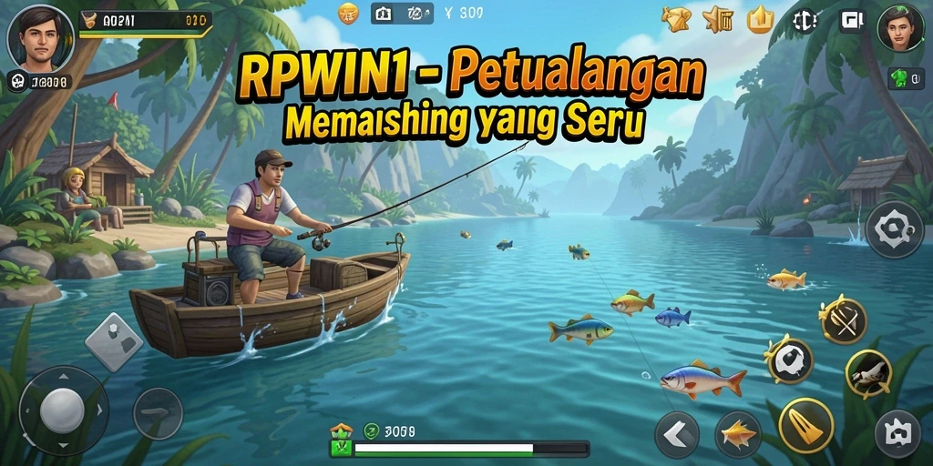 Tampilan gameplay RPWIN1 yang menakjubkan saat memancing di danau.