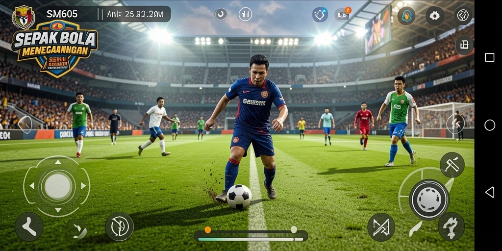 Tampilan gameplay SM605 yang mendebarkan dan realistis dalam pertandingan sepak bola.