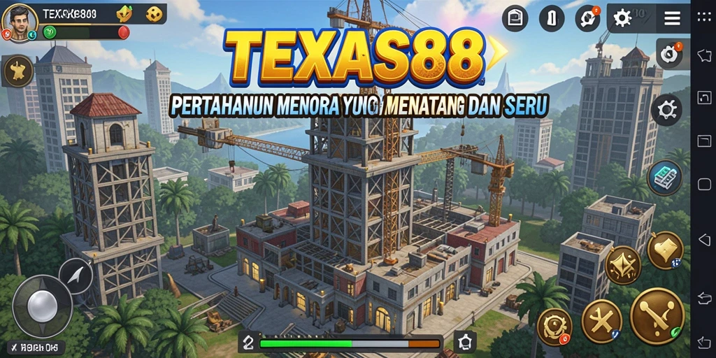 Tangkapan layar TEXAS88 menampilkan aksi pertahanan menara yang seru.