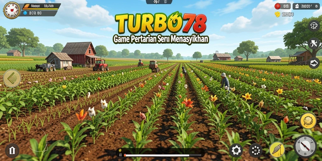 Tampilan gameplay TURBO78 yang memikat dengan ladang dan hewan peliharaan.